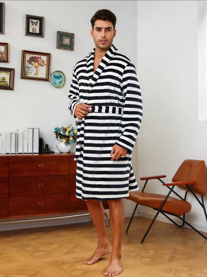 DREAM-CITY Men's Striped Shawl Collar Belted Bathrobe